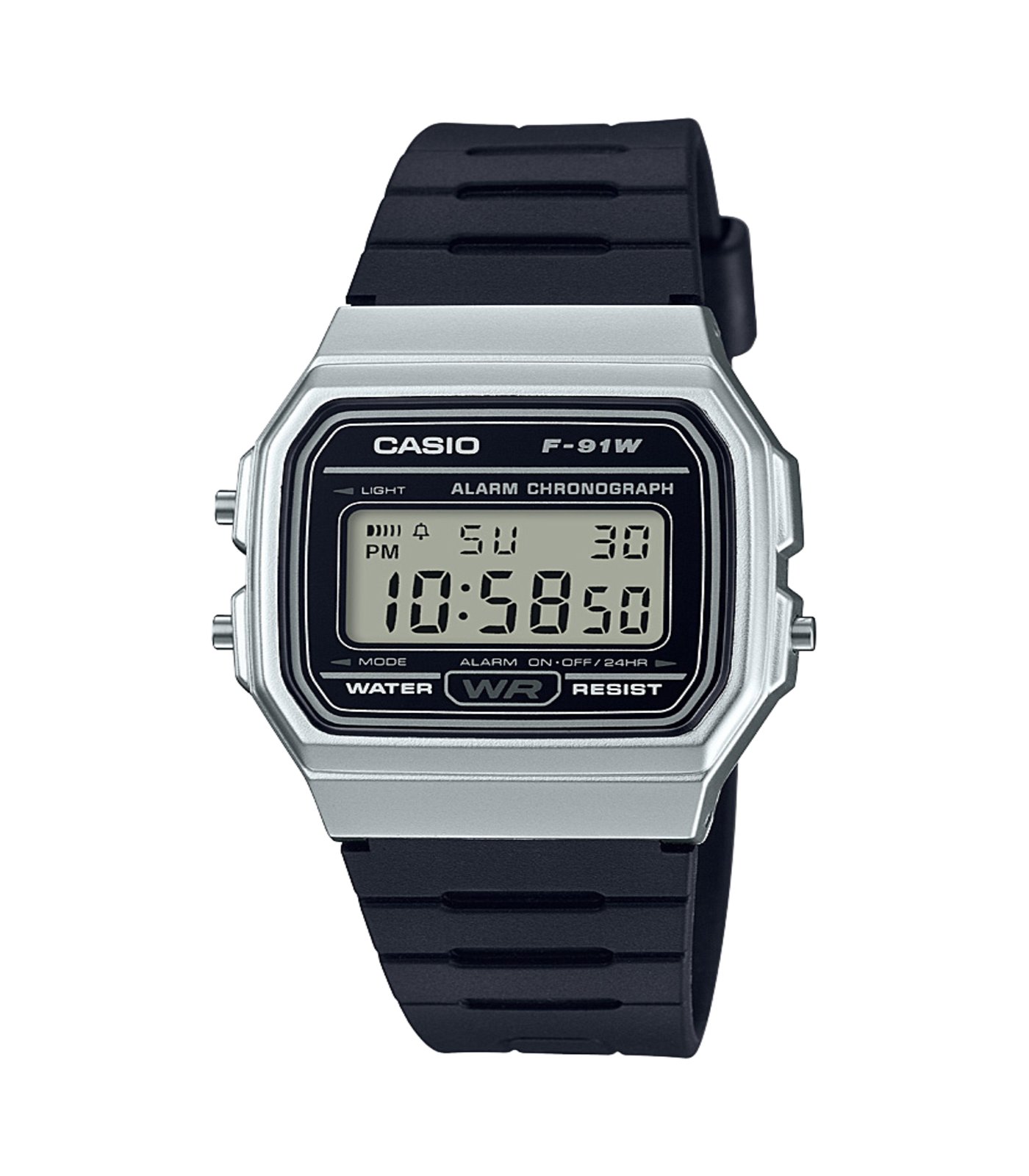 Casual Digital Watch with Black Rubber Strap & Silver Plated Case