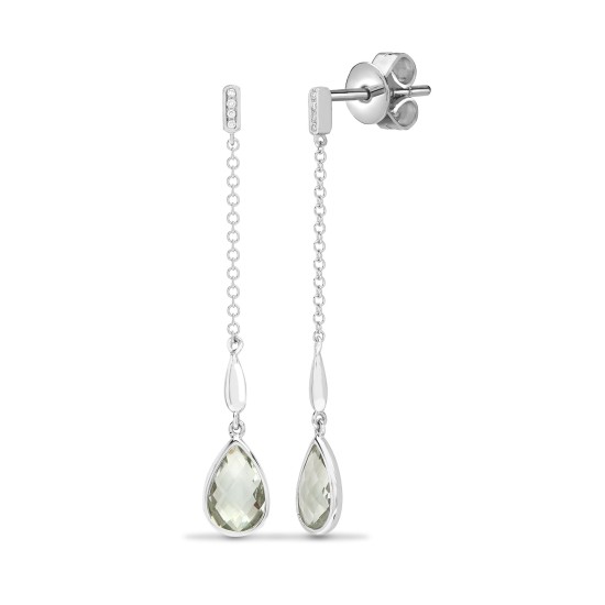 2.22 Carat Pear Cut Green Amethyst  Stone And Natural Round Cut Diamonds Drop Earrings with bezel set