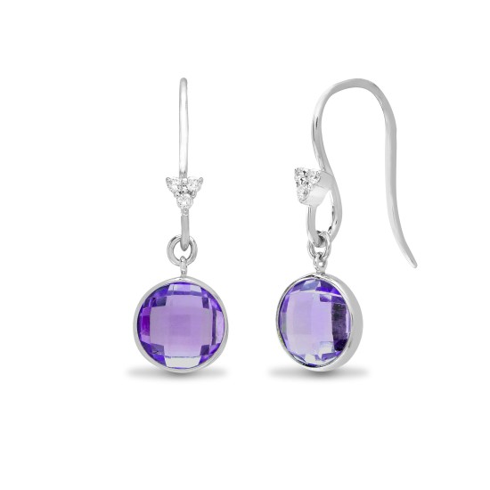 2.63 Carat Round Cut Amethyst Stone And Natural Round Cut Diamonds Earrings With bezel Setting