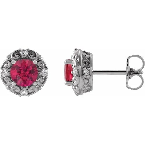 Hedheue Natural Ruby 4 Prong Set  Diamond Earrings