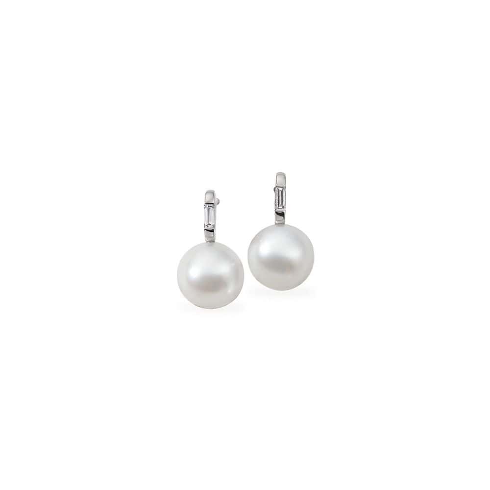 12mm Straight Baguette Diamond And Fresh Water Pearl Earrings