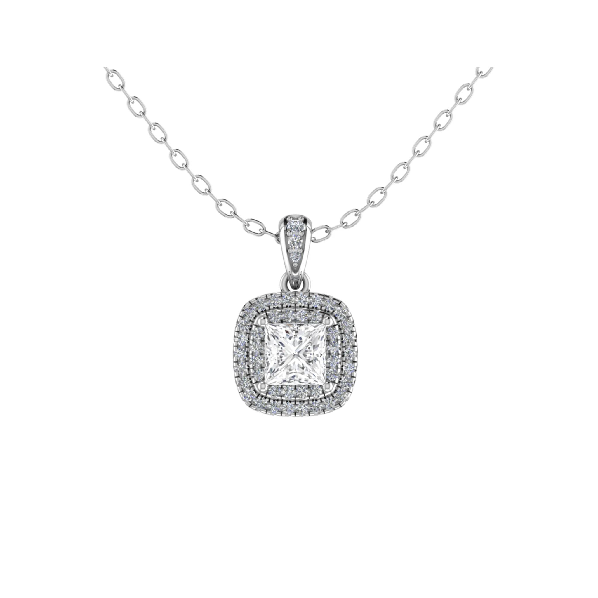 0.5 Ct Natural Diamond Princess Cut Trudie  Halo Pendant Necklaces in 9K White Gold with chain