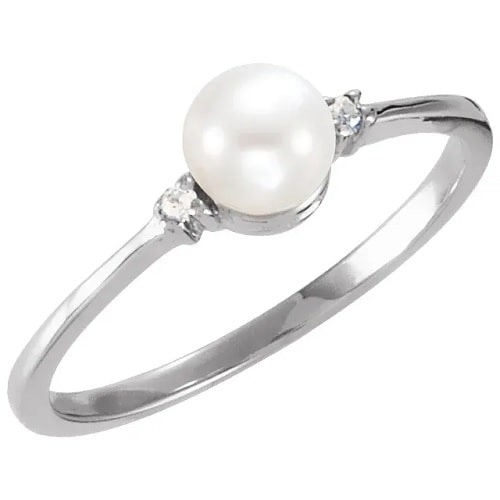 7mm Birthstone Pearl And Diamond Ring Available in 9k,14k,18k,Platinum And Silver
