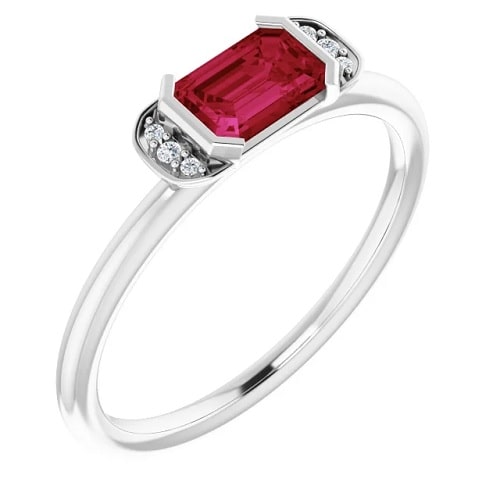 0.76 Carat Emerald cut Ruby & Round Cut Diamond Natural And Lab-Grown Ring with Semi Bezel-set 