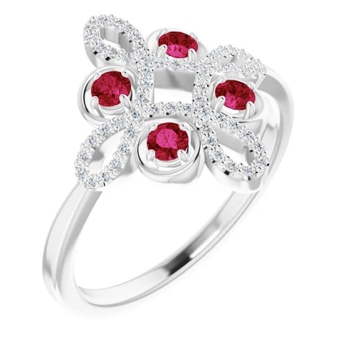 0.92 Carat Round cut Ruby & Diamond Natural And Lab-Grown Clover Ring with Claw-set 