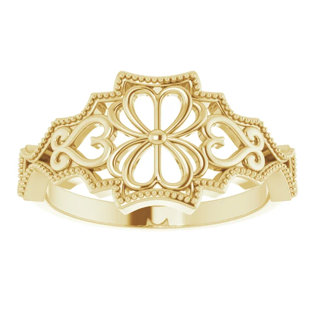 Filigree Floral Heart Ring with Rope Border Design